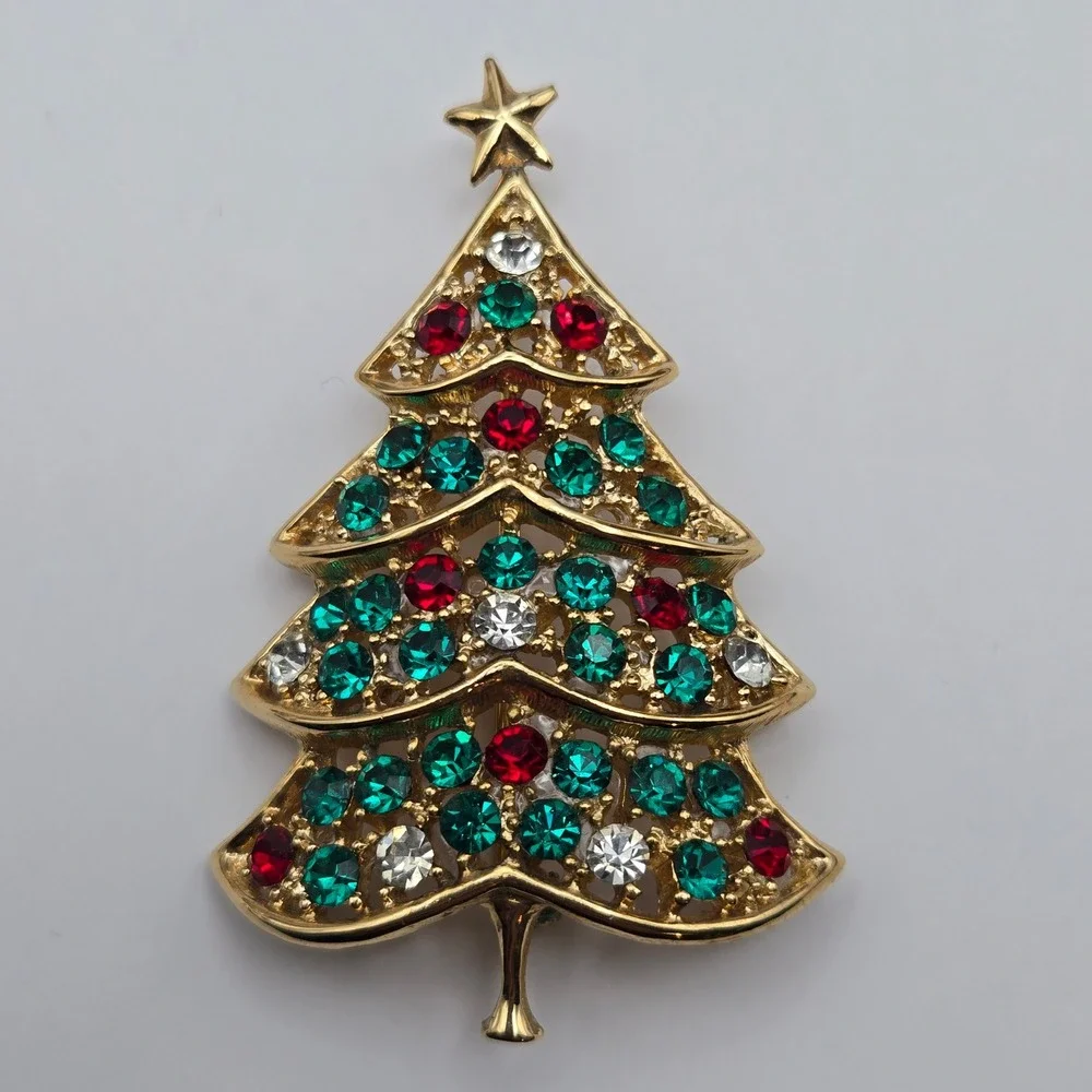 Hedy Hedison Womens Vintage 1960s Christmas Tree Brooch Rhinestone Holiday Pin